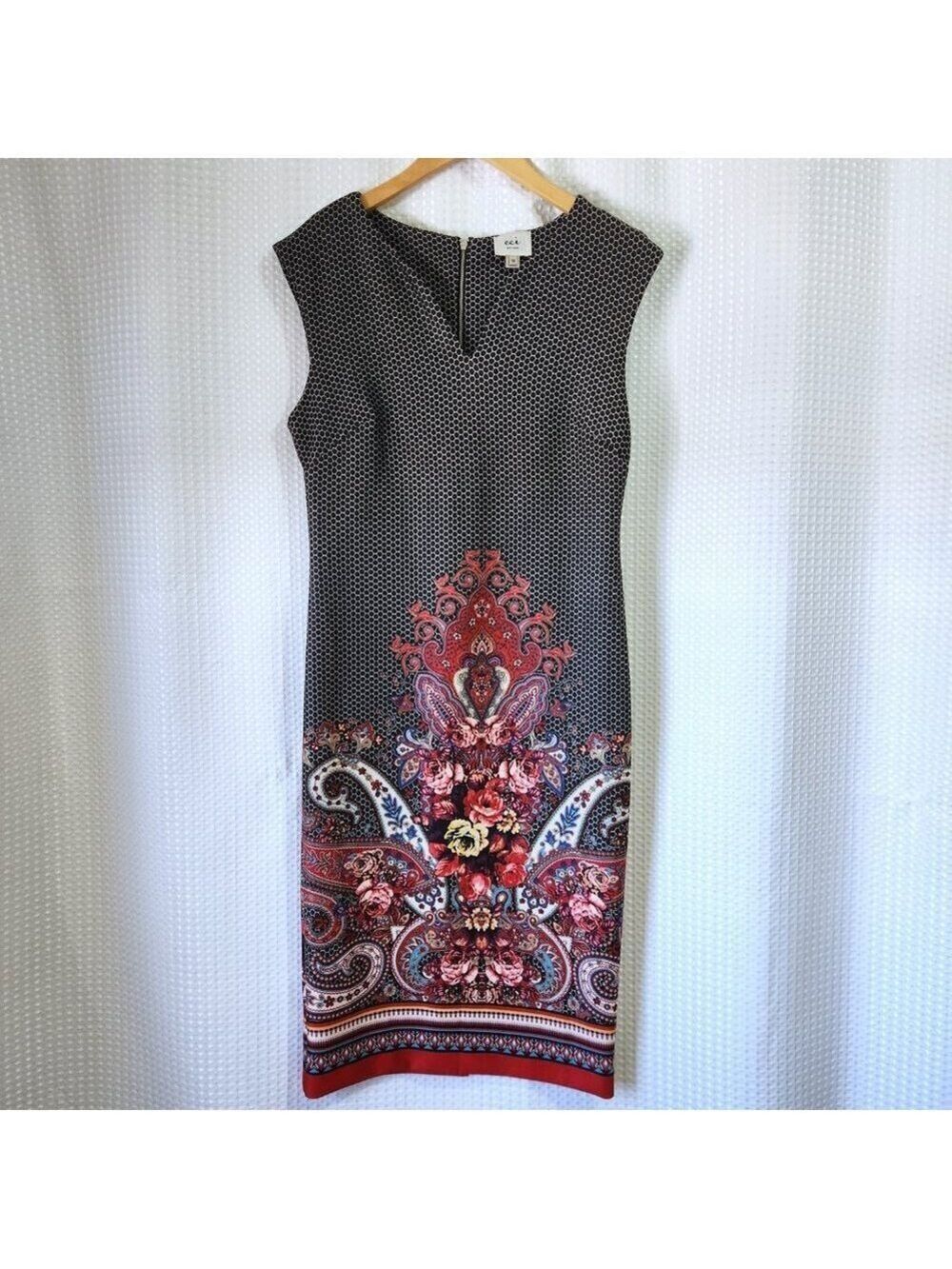 Boho Paisley Floral Hem Sheath Midi Dress 10 Career Office Wedding Guest ECI